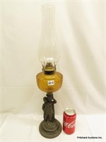 Figural Antique MEtal Base Oil Lamp w/Amber Font