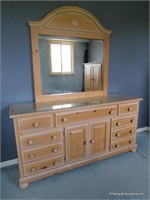 Bleached Pine 11 Drawer Long Dresser With Mirror