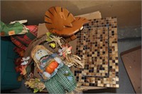 wooden turkey, gold tray, scarecrow doorhanger