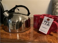 VTG Revere Ware Tea Kettle & 4 Cups