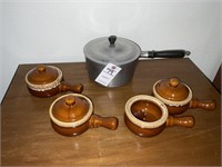 (4) Ceramic Soup Bowls w/ Handles, (3) Lids