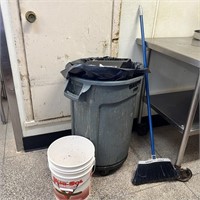 Wheeled Trash Can, Broom, Bucket