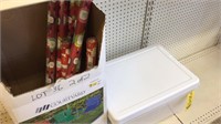 (3) PLASTIC TOTES, & (7) ROLLS OF GIFT WRAP
