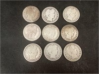 9 Silver Barber Half Dollars,Circulated