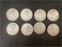 8 Silver Walking Half Dollars,Circulated