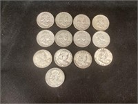 13  Franklin Silver Half Dollars,Circulated