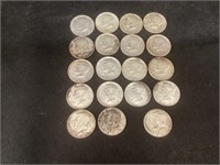 19 Kennedy Silver Half Dollars,Circulated,1964
