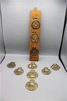 Brass Horse Medallions & Wooden Display