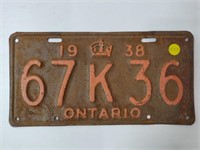 1938 ONTARIO LICENSE PLATE