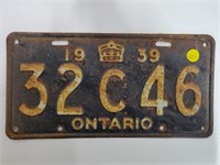 1939 ONTARIO LICENSE PLATE