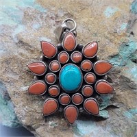 STERLING 925 SILVER CORAL & TURQUOISE PENDANT