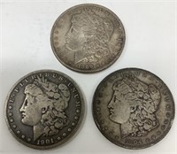 1889, 1901-S, 1904 Morgan Silver Dollars.