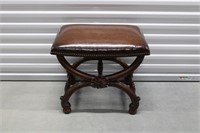 Leather Top Stool with Brass Tacking & Carved Base