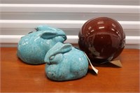 (3) Pottery Pieces, (2) Blue Rabbits & Brown Ball
