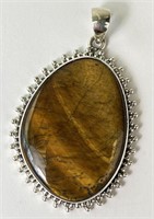 Very Large Sterling/Natural Tiger Eye Pendant 21 G