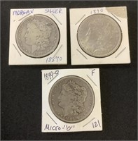 1887-O, 1890, 1899-O Morgan Silver Dollars.