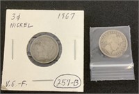 1867 3 Cent Nickel, 1914 Barber Dime.