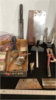 Assorted hardware and tools, including scraper