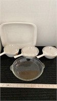 Corning-ware with lids, one Pyrex pie plate, and
