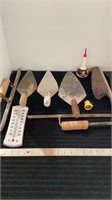 Assorted cement tools, thermometer, brush