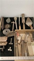 Assorted cement tools,  glasses,  wire brush,