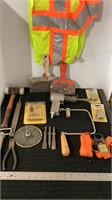 Assorted tools, scrapers, pulleys, ratchet,