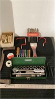 Assorted tools, wood bits, hex drivers, ratchet
