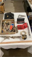 DeWalt tool bag, various hand tools, drill bits,