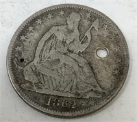 1862 Seated Liberty Half Dollar, Holed.