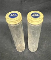 2-Vintage Alka Seltzer Glass Bottles w/ Lids