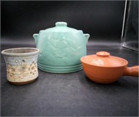 (3) Vtg Pottery Pcs: USA Brown Soup Crock +