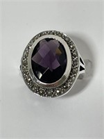 925 Silver Amethyst and Marcasite Ring Size 6 3/4