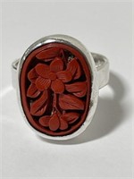 Sterling Silver Ring with Carved Red Coral Stone
