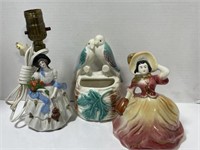 2 Figural Planters (Birds & Lady) & Table Lamp