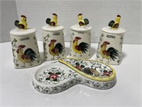 Rooster & Roses Spice Jars and Spoon Rest