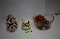 Bassano Flowers, Music Box, Red Glass Bowl W/fruit