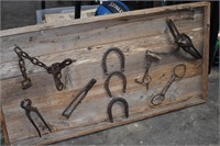 Vintage Horse & Farm Tools Mounted on Wood