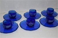 Etched Cobalt Tea Cups And Swirl Saucers