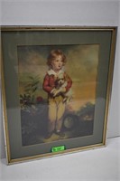 "Boy With Top Hat And Dog" Vintage Framed Litho