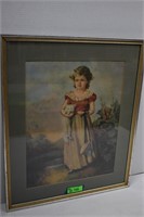 "A Lass With Her Kitten" Vintage Framed Lithograph