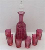 7pc. Cranberry Etched Glass Decanter Set