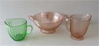 Green + Pink Depression Glass Bowl & Pitchers