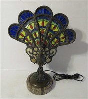 Bronze Stained Glass Peacock Lamp 21"T