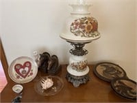 Lamp, bookends, plates, bowls, other
