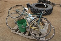 Pallet of 2 Bikes, Planter Lids, Parts, Bolts, Mis