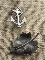 Sterling Silver Leaf & Anchor Brooches