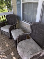 2 wicker type chairs and stool