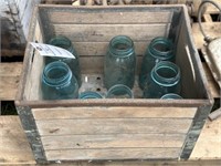 WOODEN CRATE W/BLUE JARS