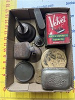 Box of vintage metal flasks, cans, funnels