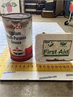 Vintage Amoco grease can and first aid kit